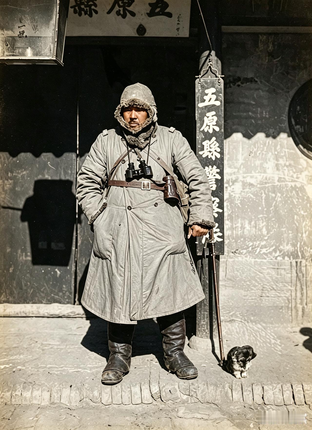 这是1940年2月，绥远省五原县（今内蒙古巴彦淖尔五原县）警察队门前一名的侵华日