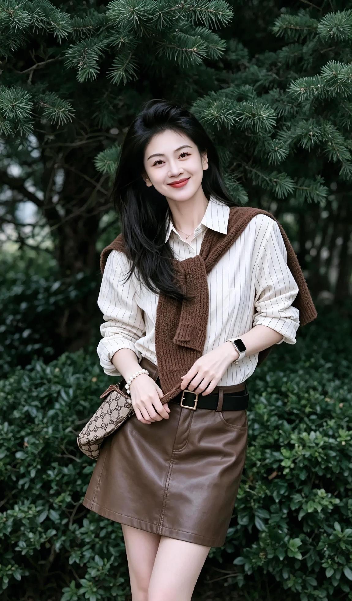 松针翠绿，

映着秋日的暖意。

条纹衬衫，

搭配棕色的温柔。

笑容甜甜，