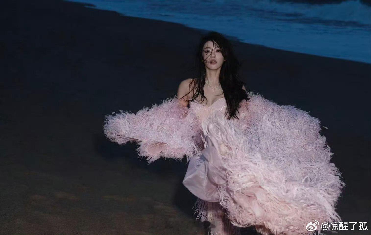 蔡文静粉色流苏裙蔡文静ELLE粉色流苏造型 粉色与大海的组合本来就很梦幻，蔡文静