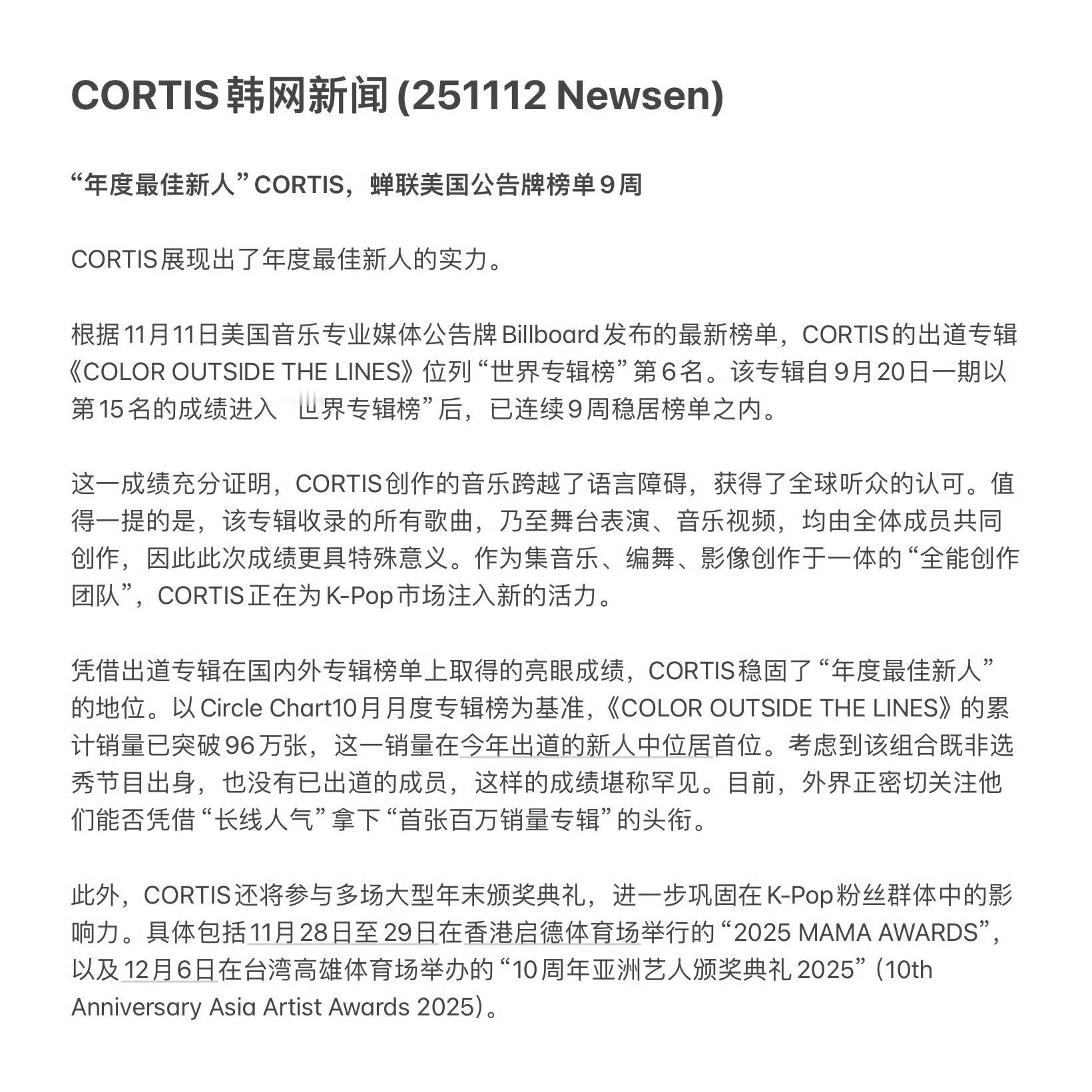 韩媒报道cortis已经连续9周上榜📊新男团cortis已经连续 9 周进入美