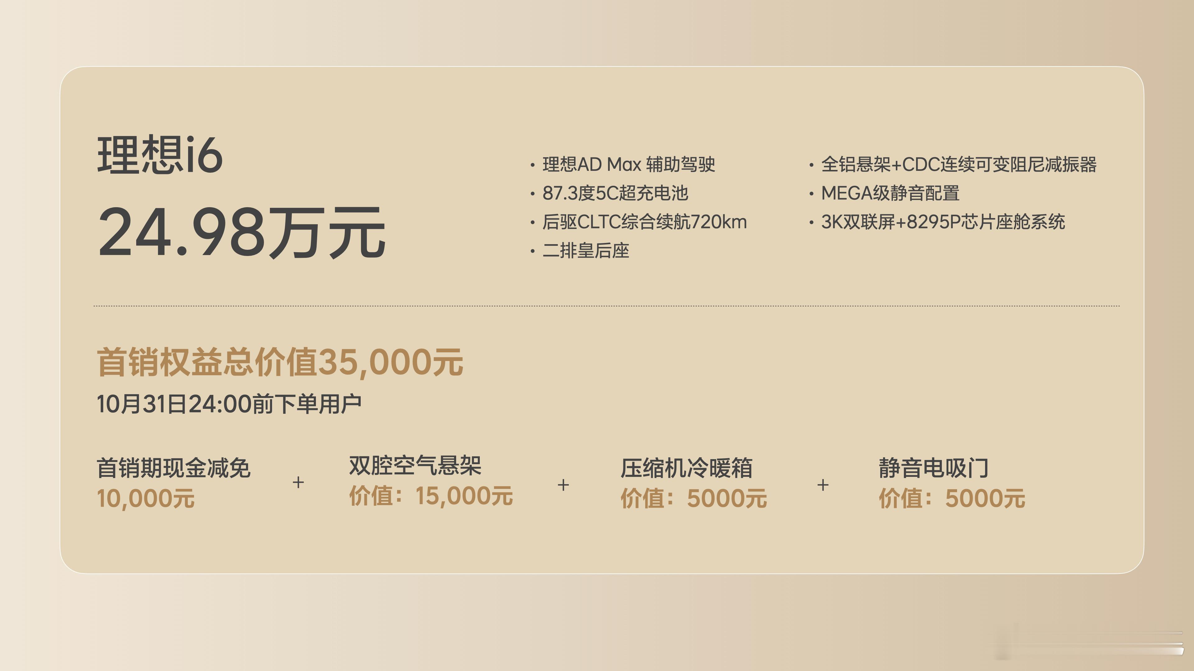 理想i6上市理想i6起售价24.98万四驱选装2w 送轮毂首销减1W 感觉很有诚