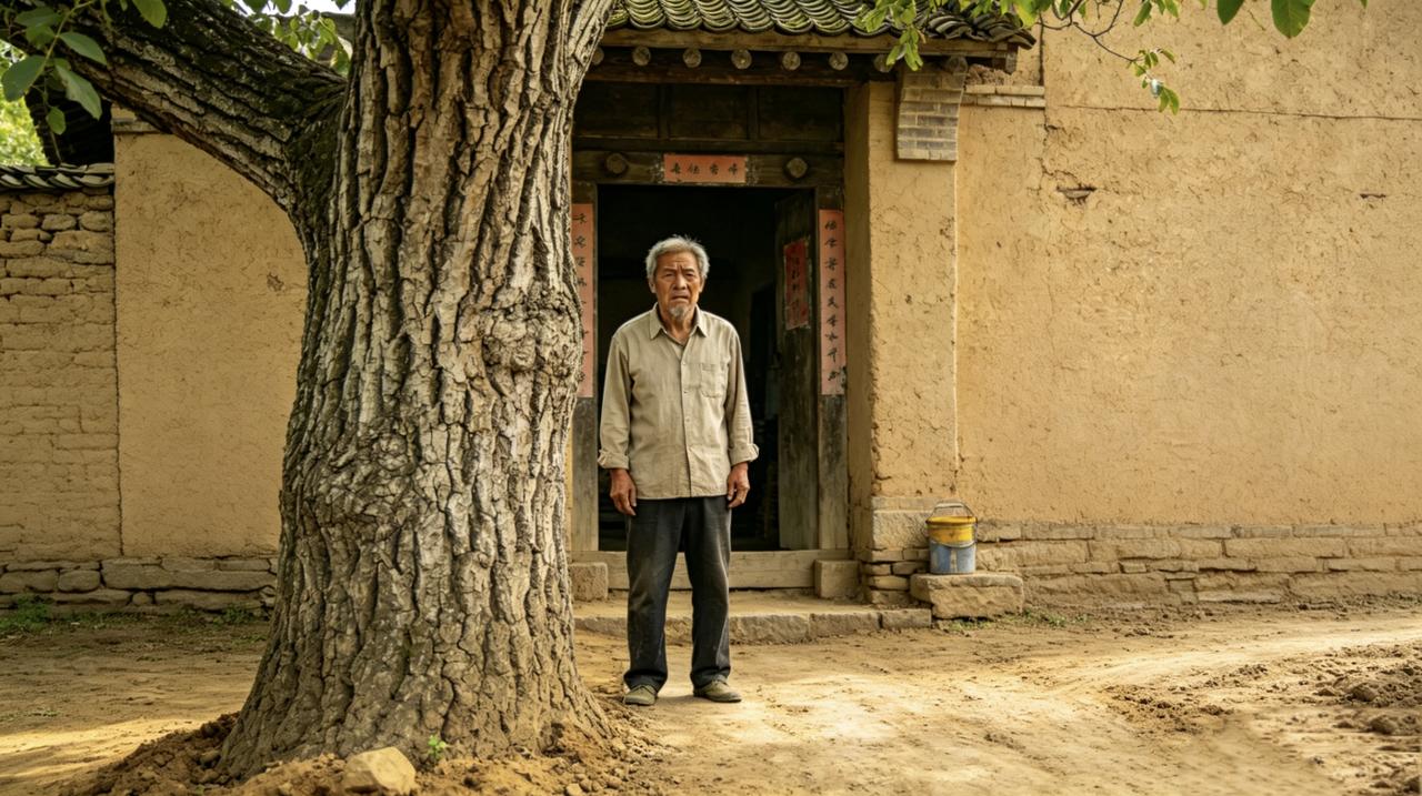 村里修水泥路，大家都很高兴。
唯独陈大爷眉头拧成疙瘩。
施工队要铲掉他门口那棵核