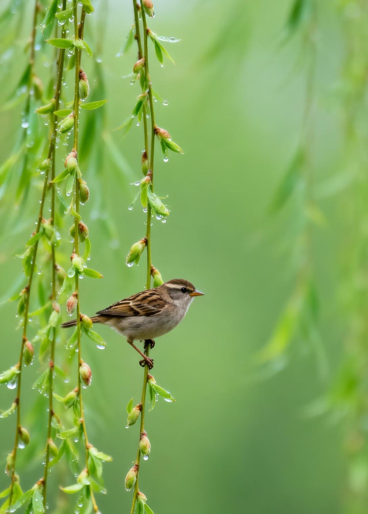 嫩绿柳枝轻垂，一只小鸟静静栖于枝头，身姿悠然，与春日绿意相融，尽显静谧灵动的自然