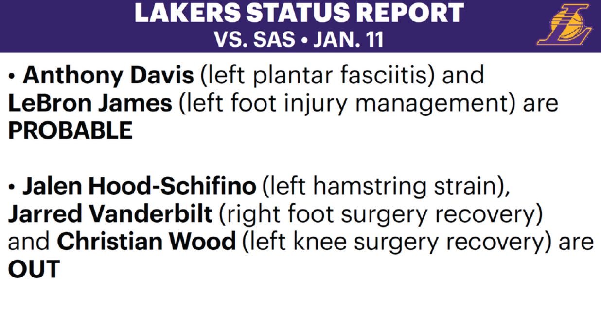 湖人伤病报告：戴维斯（左足底筋膜炎）、詹姆斯（左脚伤势管理）大概率出战。希菲诺（
