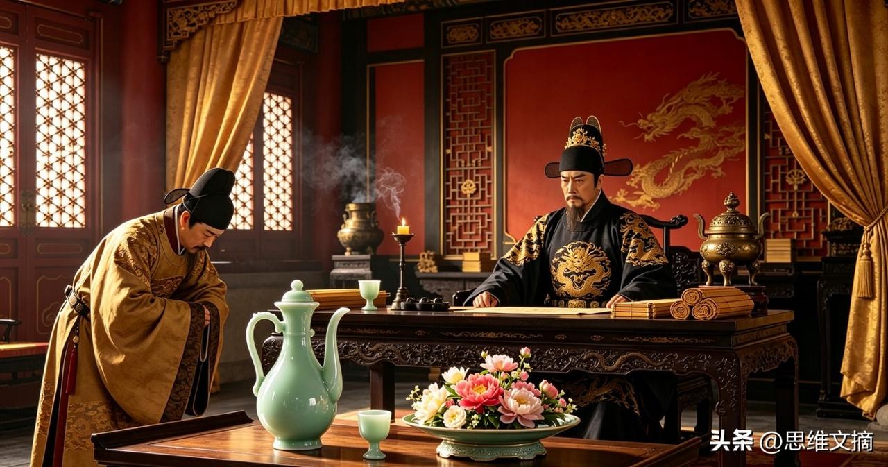 严嵩跪在嘉靖面前，手里攥着那道手谕。
干儿子给皇帝送了瓶"百花仙酒"，皇帝喝完觉