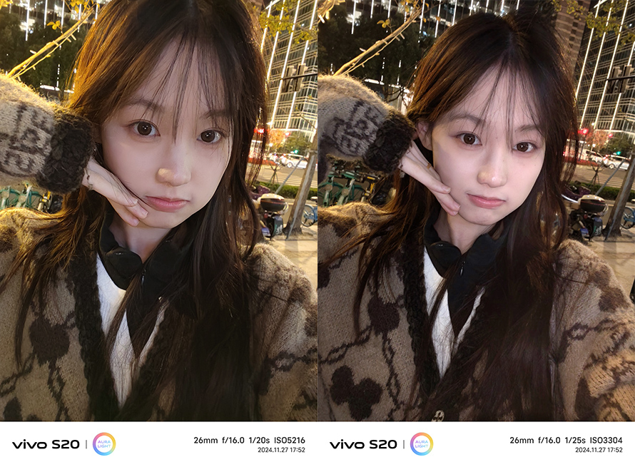 vivo S20标志性的前置双柔光灯、后置柔光环，结合了AI技术进行改进。一是搭