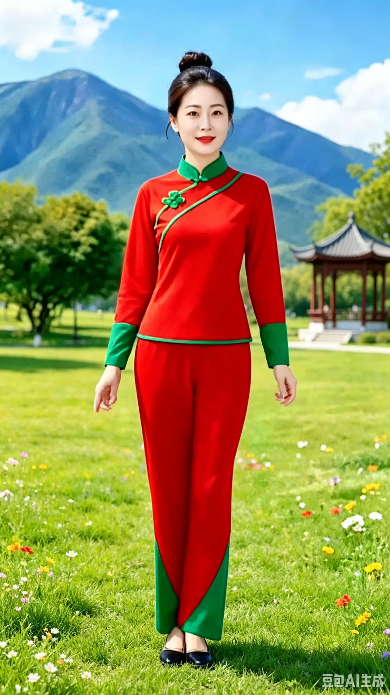 红装踏青
 
素面温婉映艳红，
青山花草伴春风。
一身锦绣乡间走，
笑揽晴光入画