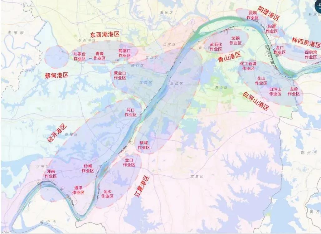 武汉港9大港区分布

阳逻港区：核心枢纽，承担集装箱中转运输功能，服务国家战略和