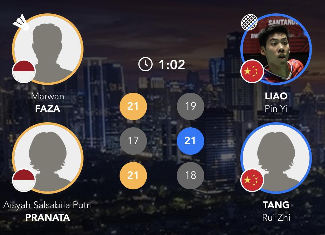 廖品逸/唐睿芝🇨🇳 19-21、21-17、18-21 🇮🇩马尔万/普拉