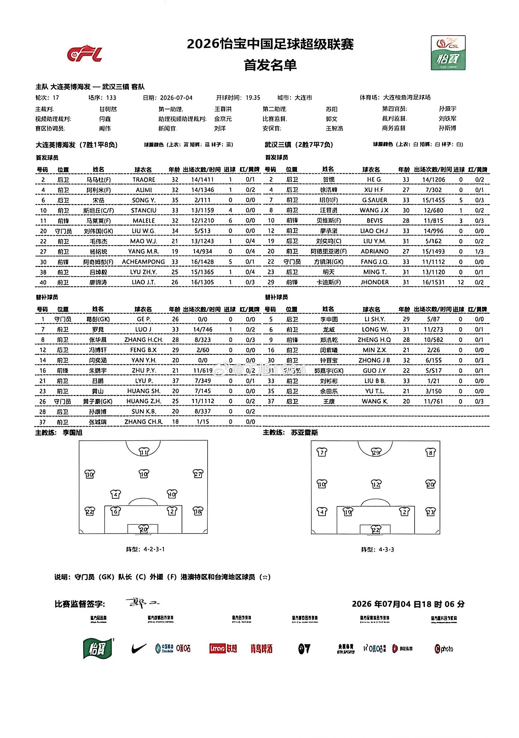 中超第17轮：大连英博海发vs武汉三镇首发中超联赛大连英博vs武汉三镇大连英博大