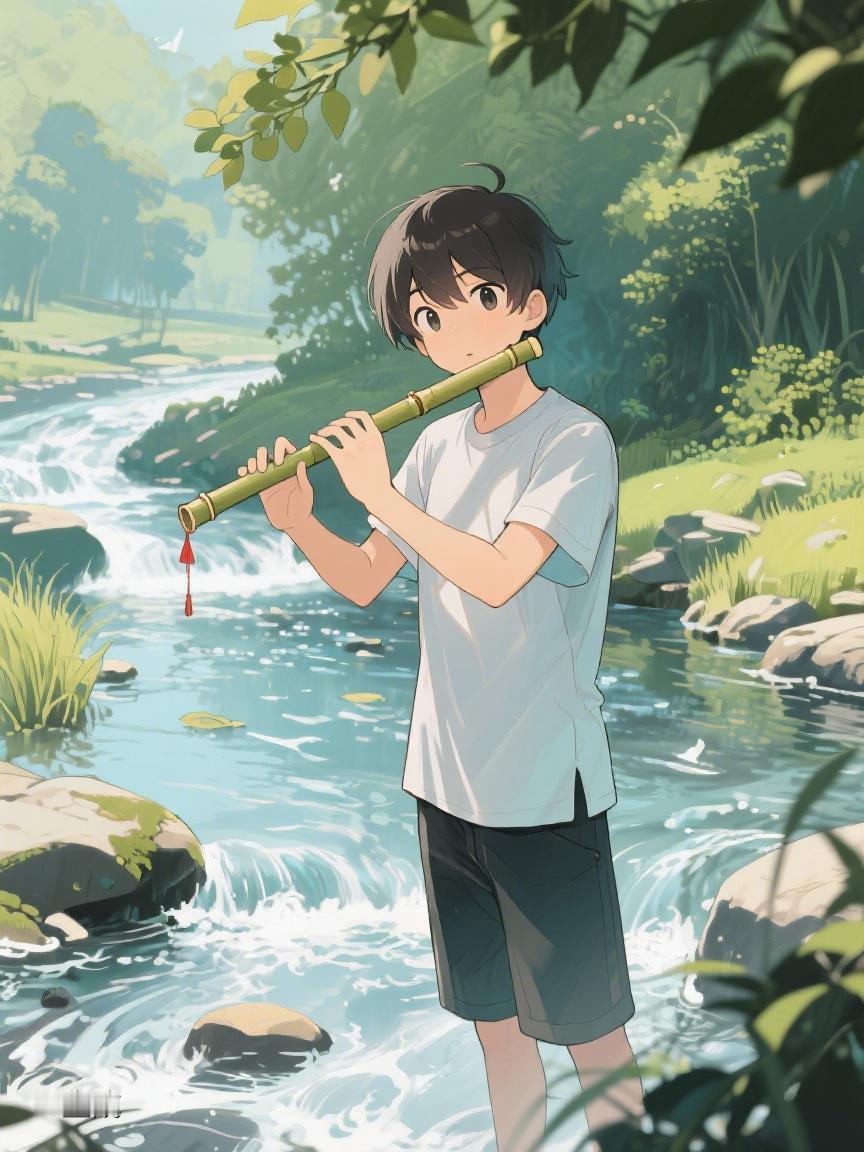 AI妙生图在潺潺溪流旁，他吹着竹笛，生活似这旋律，在自然里流淌，余音绕心❤