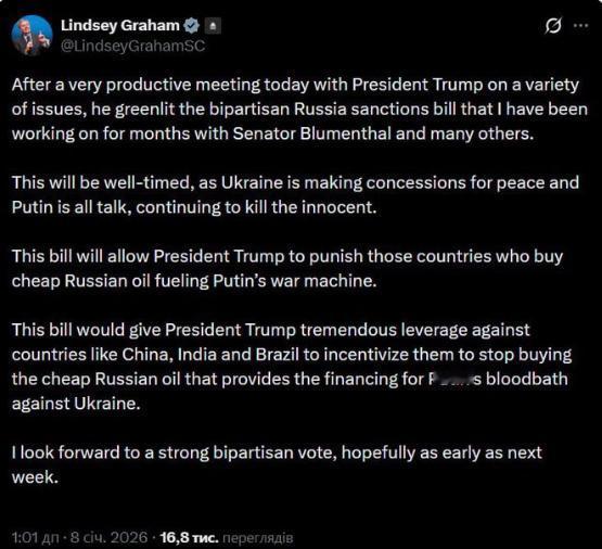 【特朗普为对俄罗斯实施更严厉的制裁开了“绿灯” 】共和党参议员林赛·格雷厄姆在与