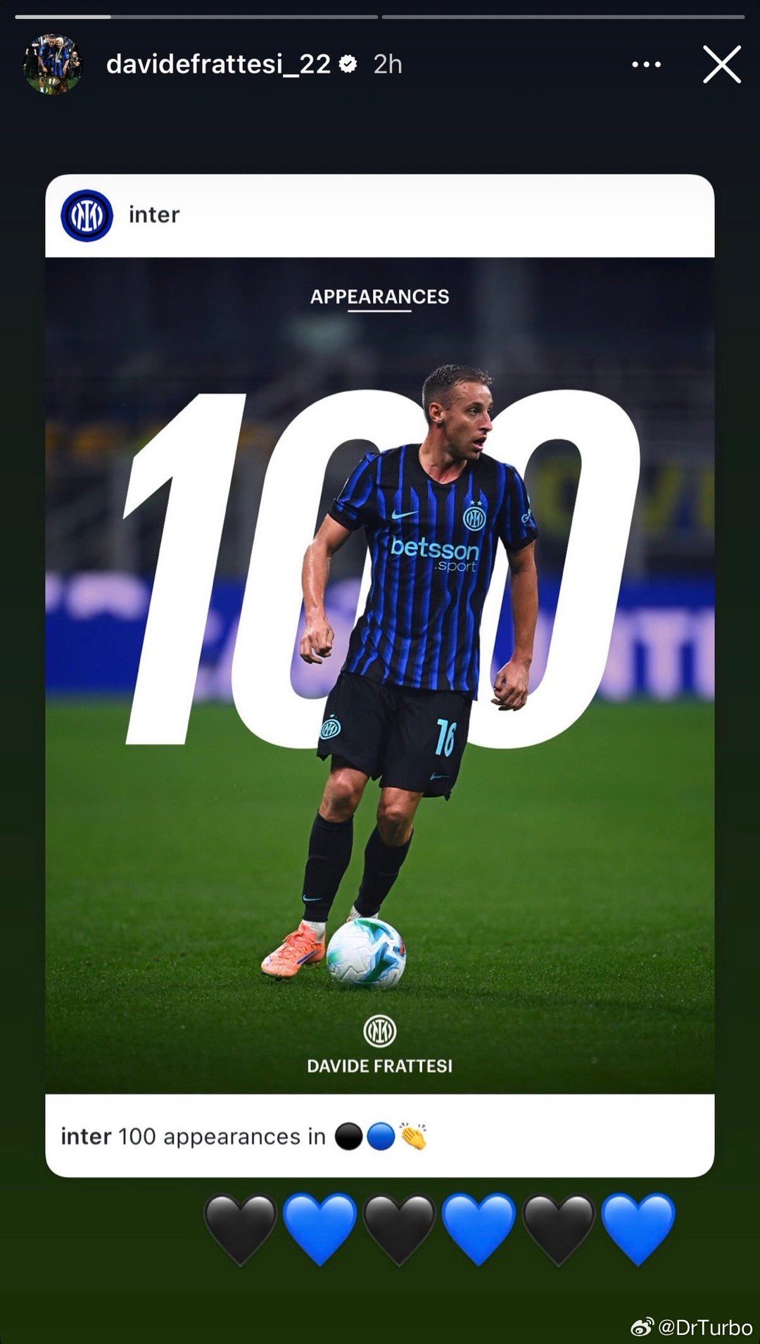 弗拉泰西在社交媒体上转发了自己百场里程碑的消息国际米兰2比0拉齐奥国际米兰热点现