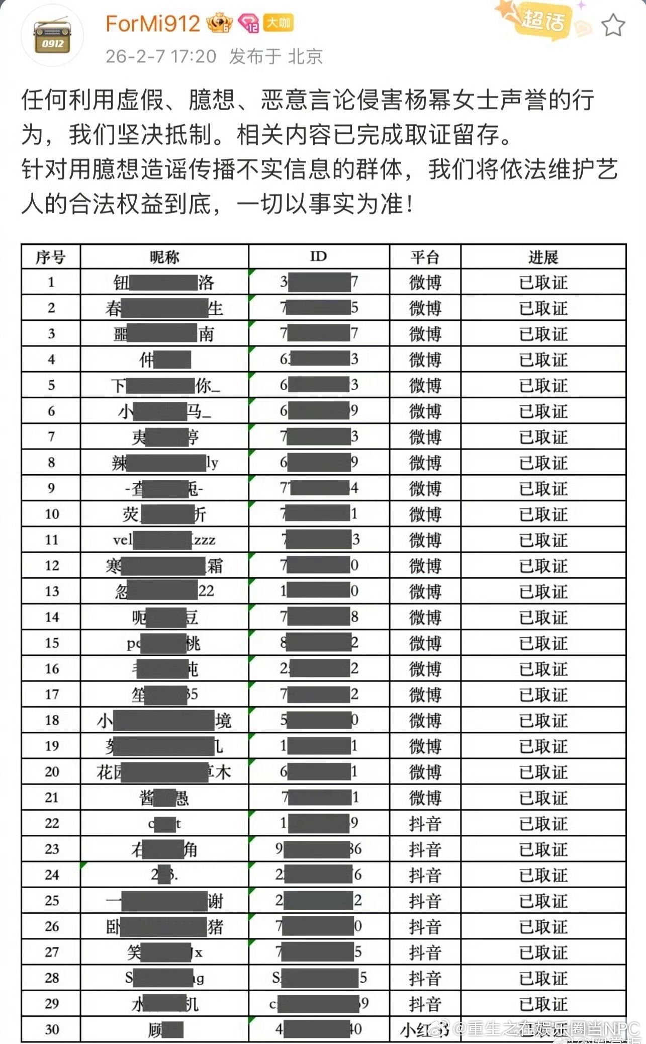 杨幂对接发了此次事件的全平台告黑名单 微博之夜声明