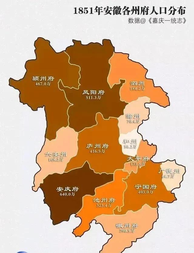 人口最多不是皖北？1851年安徽人口分布图！

当年安徽省的人口分布，还是比较均