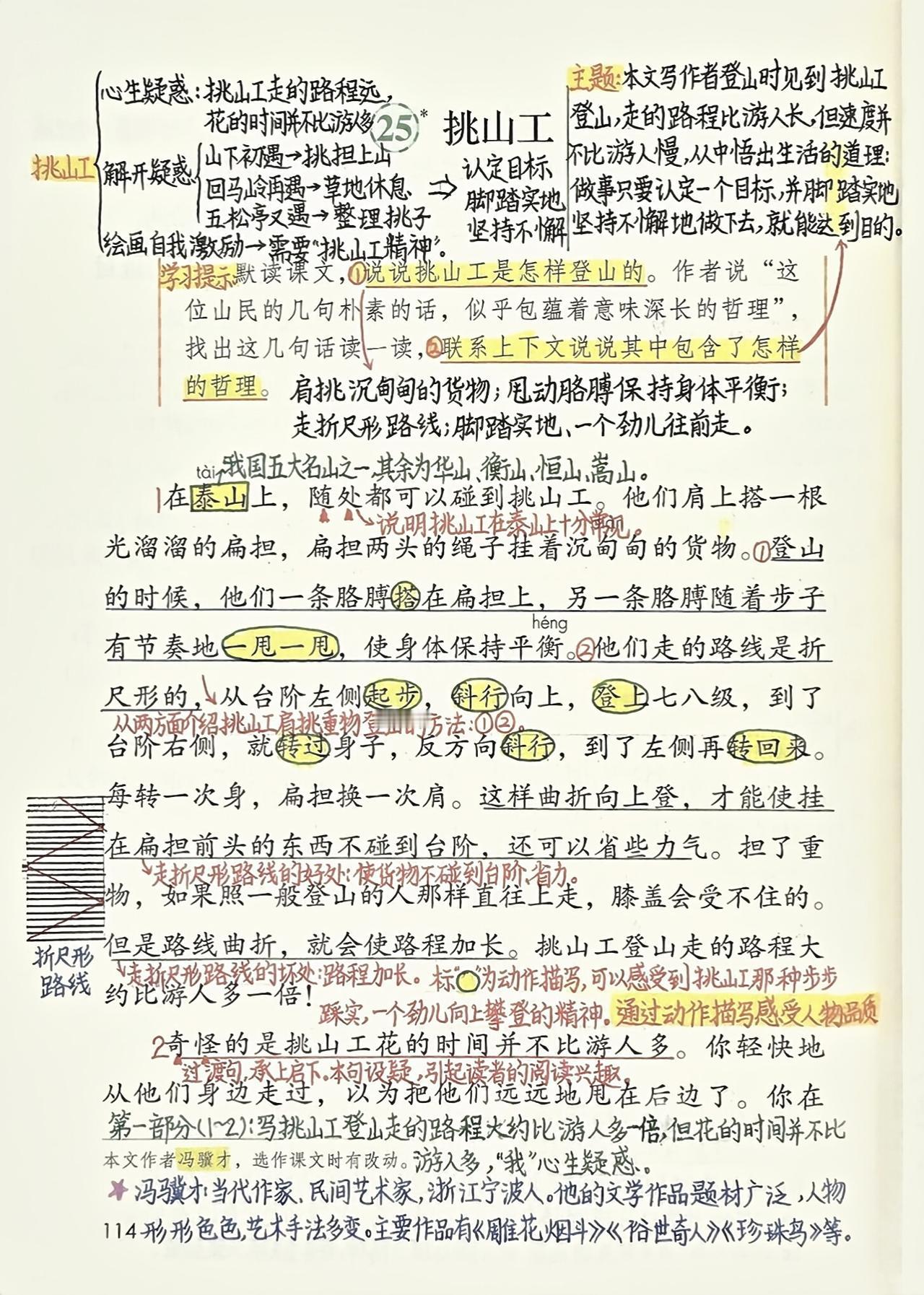 四年级下册语文，第七单元第25课《挑山工》课堂学习笔记，收藏备用四年级语文 四年