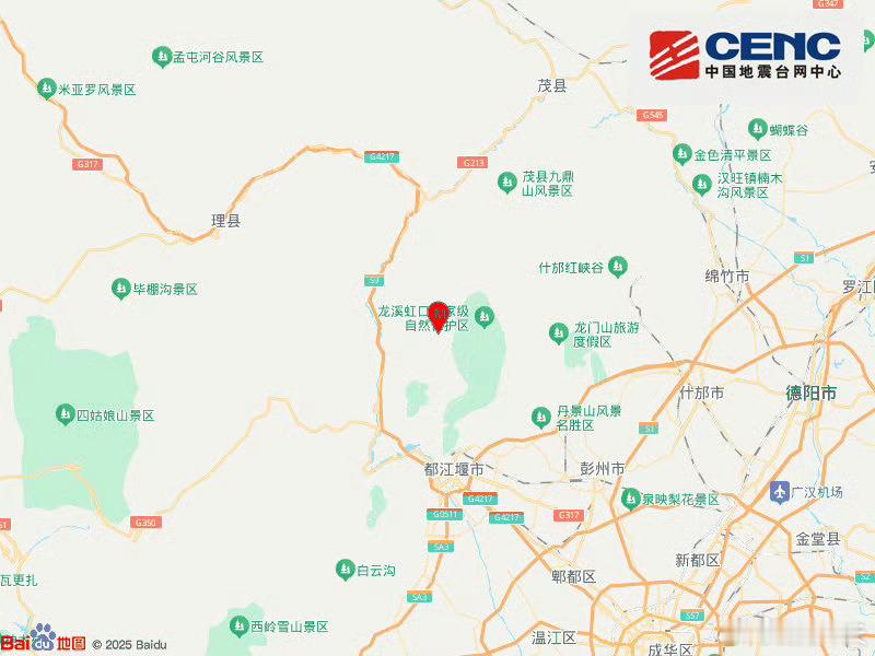 地震快讯中国地震台网正式测定：02月04日17时39分在四川成都市都江堰市（北纬