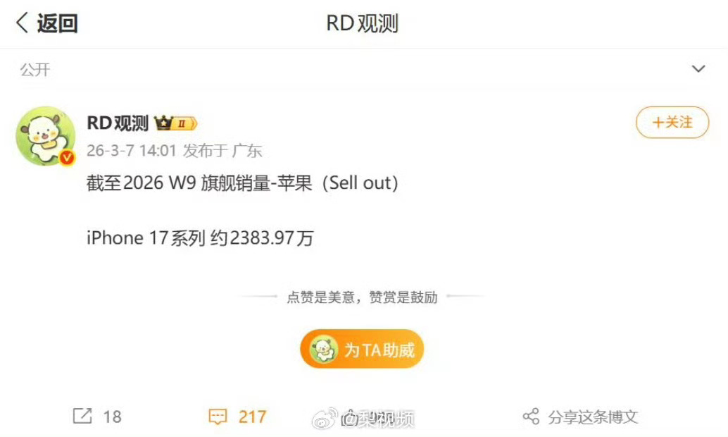 iPhone17国内最新销量差不多还没到半年的时间吧？居然就已经卖出了2389.