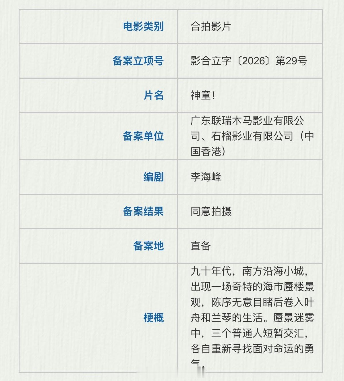 电影《神童！》韶关开机主演：檀健次出品：联瑞影业开机时间：10月中旬拍摄地：广东