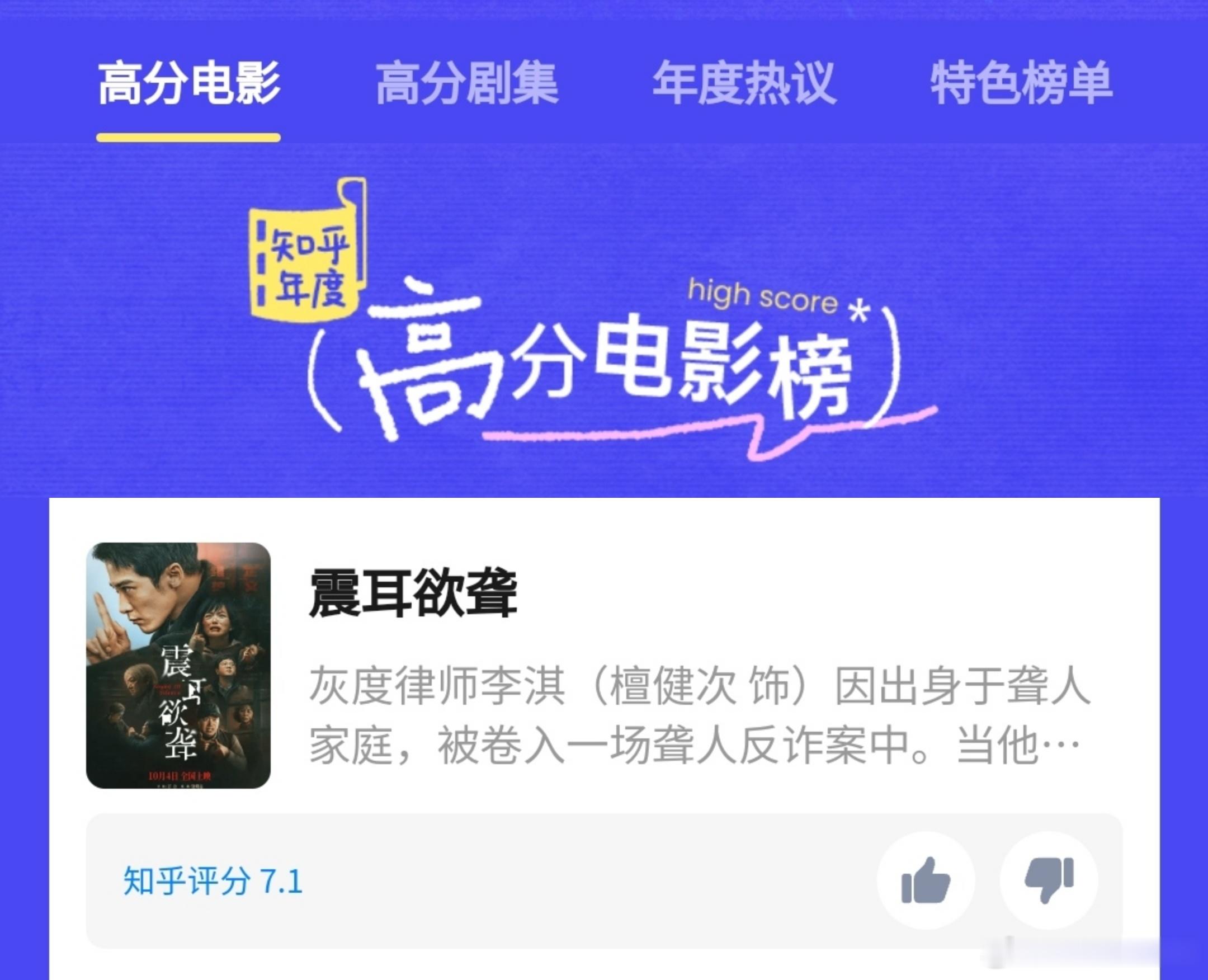 某瓣的年度高分华语电影榜单里只有八部影片，檀健次的《震耳欲聋》没有入围，但在知乎