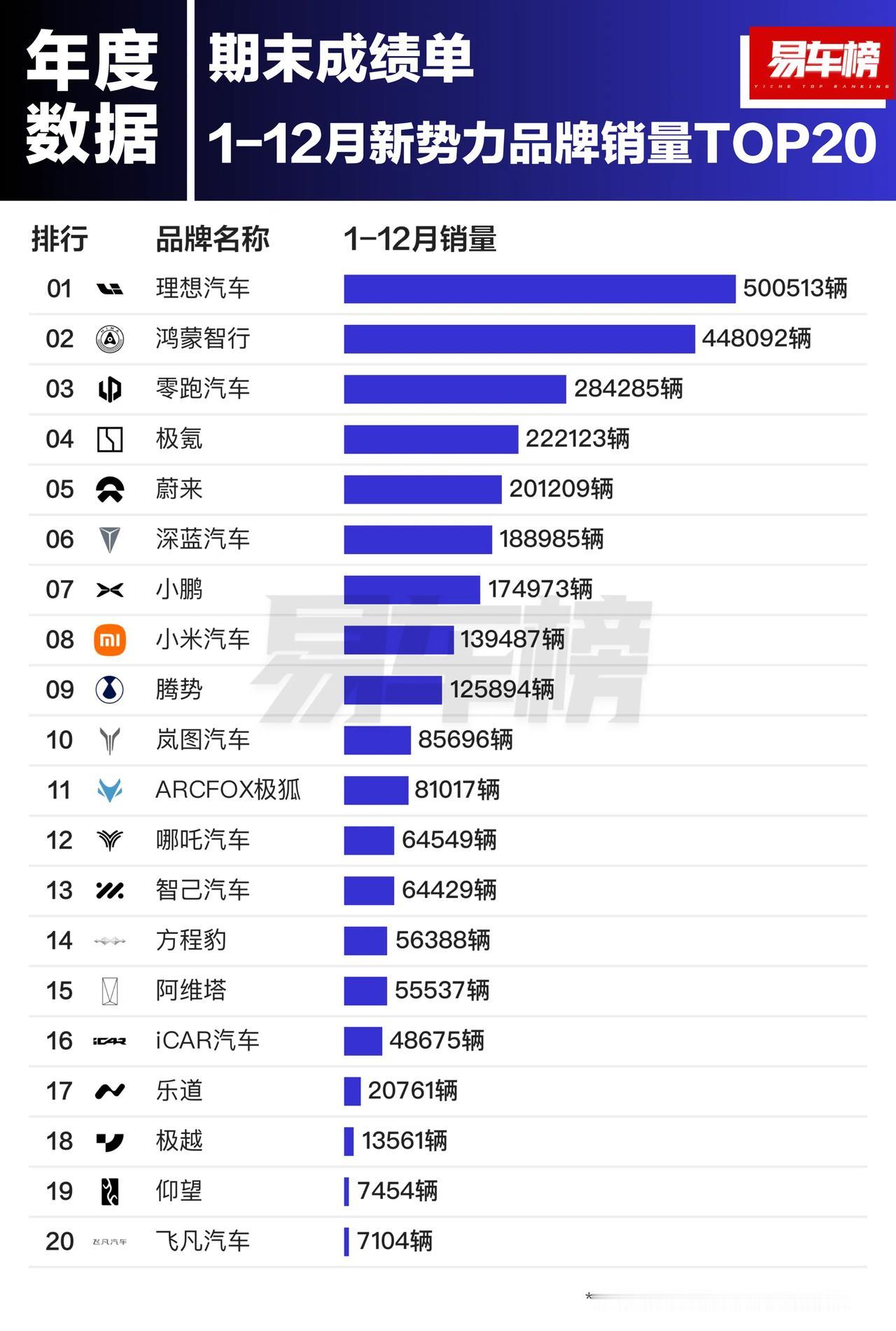 2024年1-12月新势力汽车销量第一品牌：理想汽车，500513辆。

202