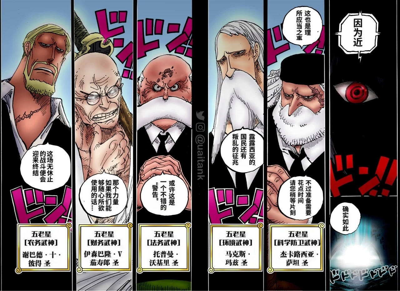 #海贼王1109话漫画# 如果情报师判断是对的，土星召唤其他四位五老星，五位五老