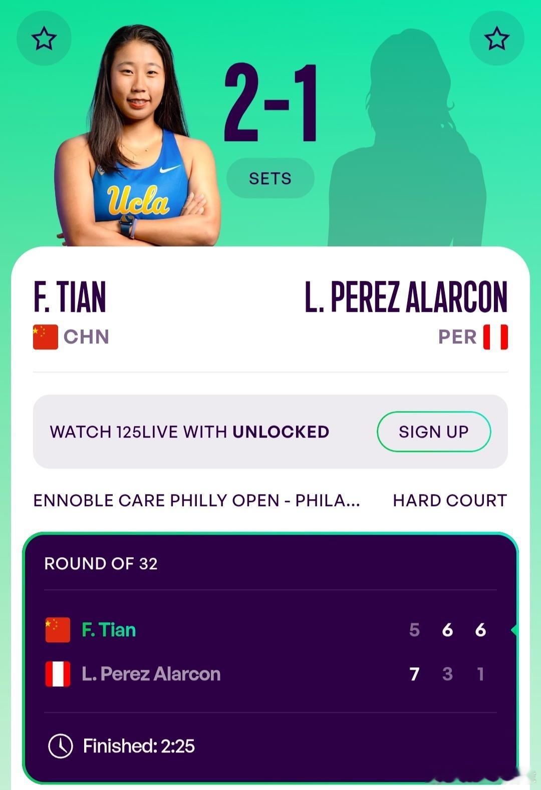WTA125费城站🇺🇸女单第1轮田方然🇨🇳5-7/6-3/6-1逆转战胜