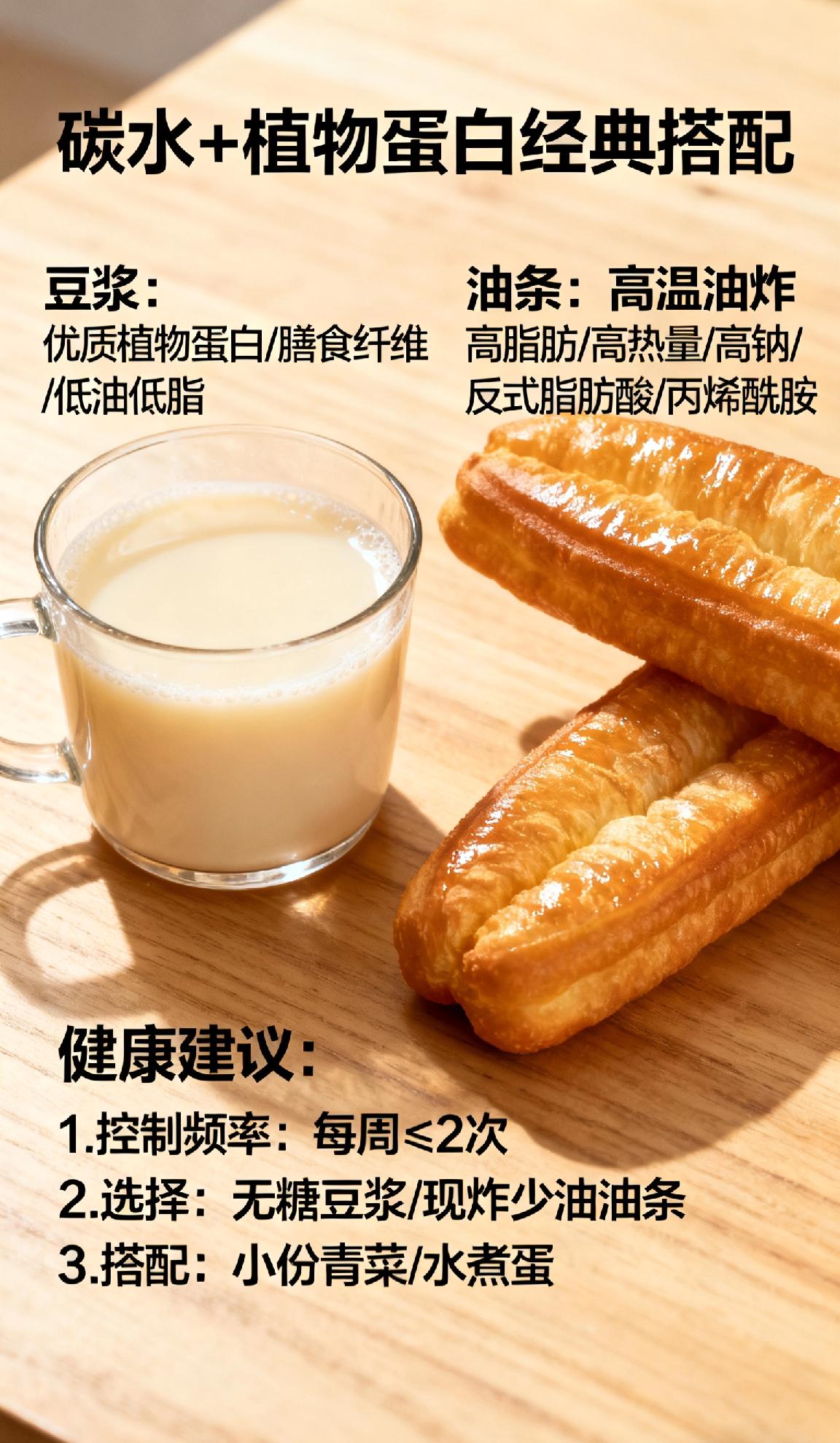 豆浆配油条到底健不健康豆浆配油条是碳水+植物蛋白的经典搭配，营养有互补性，偶尔吃