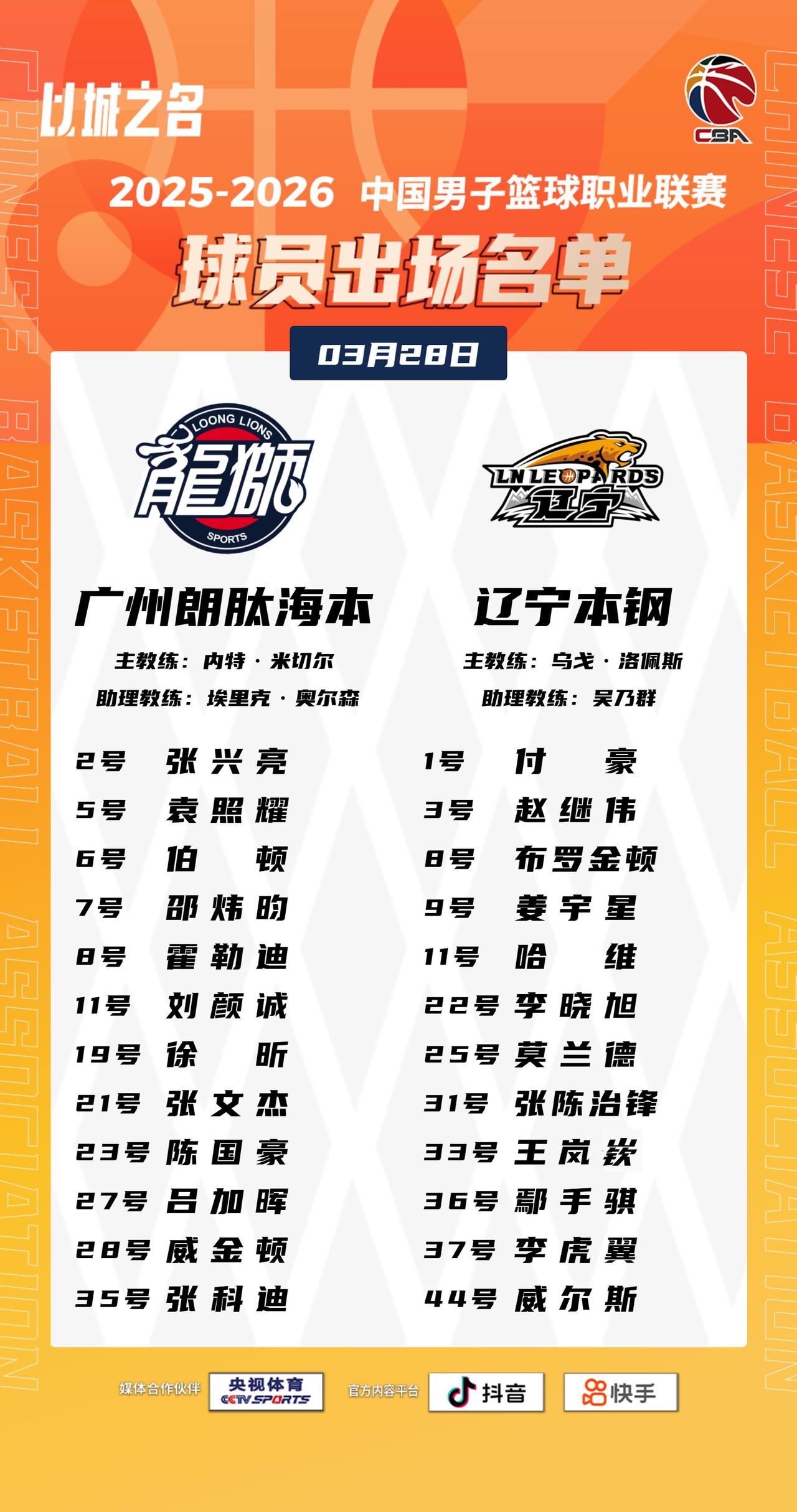 【大名单出炉】2025-2026赛季CBA联赛常规赛第三十一轮今晚继续进行，3场