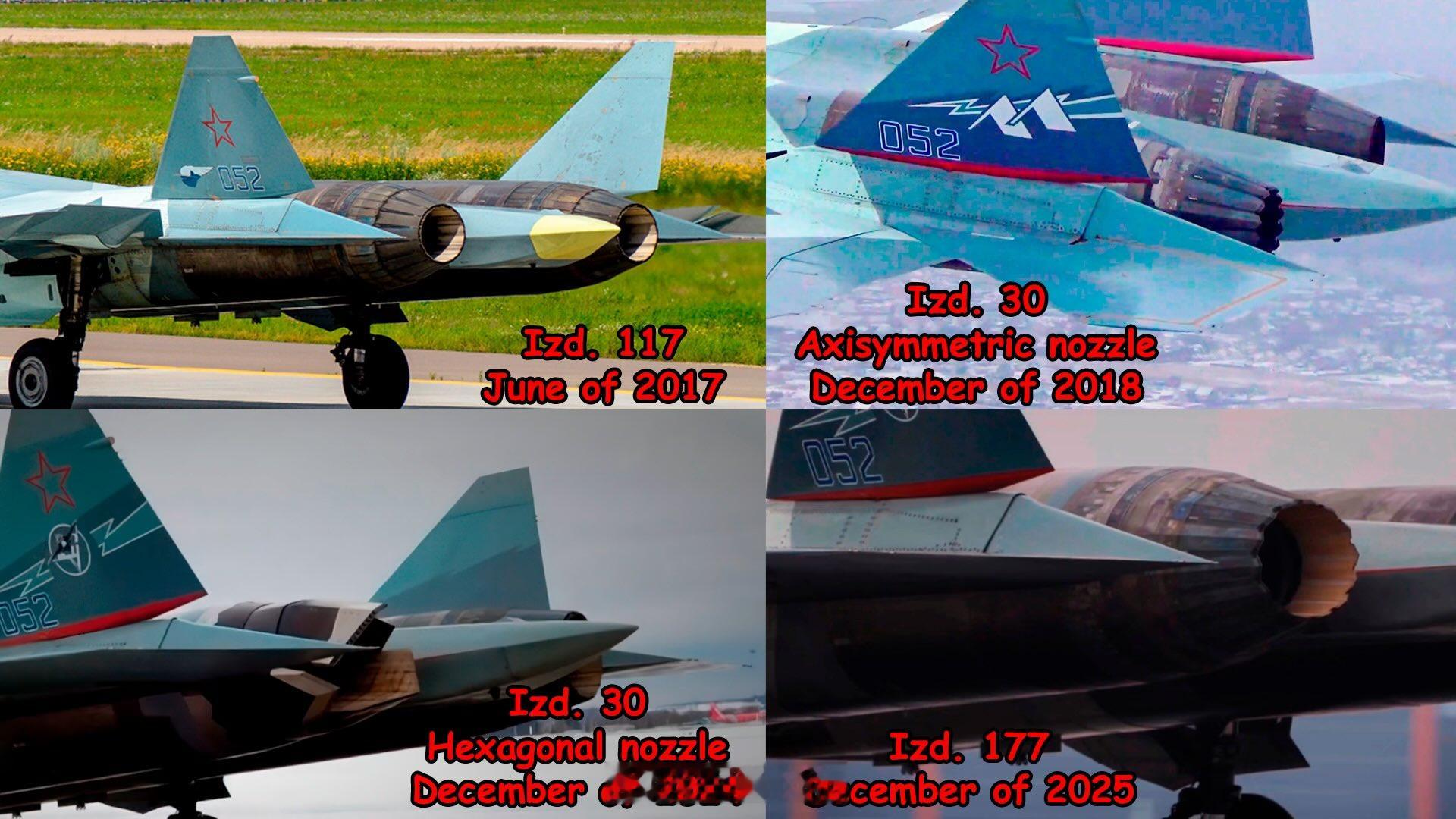 052号T50原型机一直在测试新发动机 ，这几年测试了4个型号，最新的官方视频显