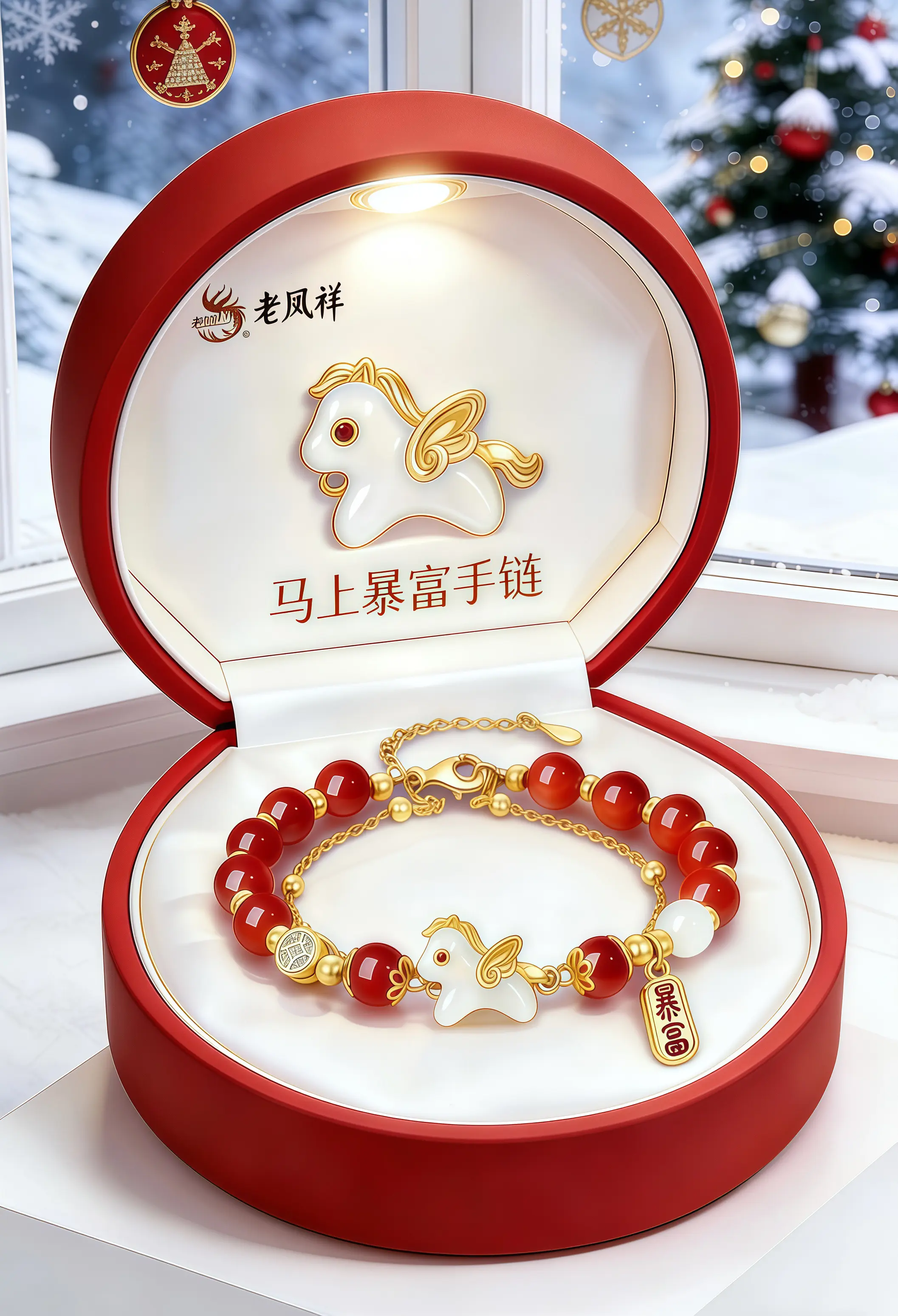 🎁老凤祥“马上暴富”手链太戳我了！红玛瑙珠子衬得手超白，小马造型精致...