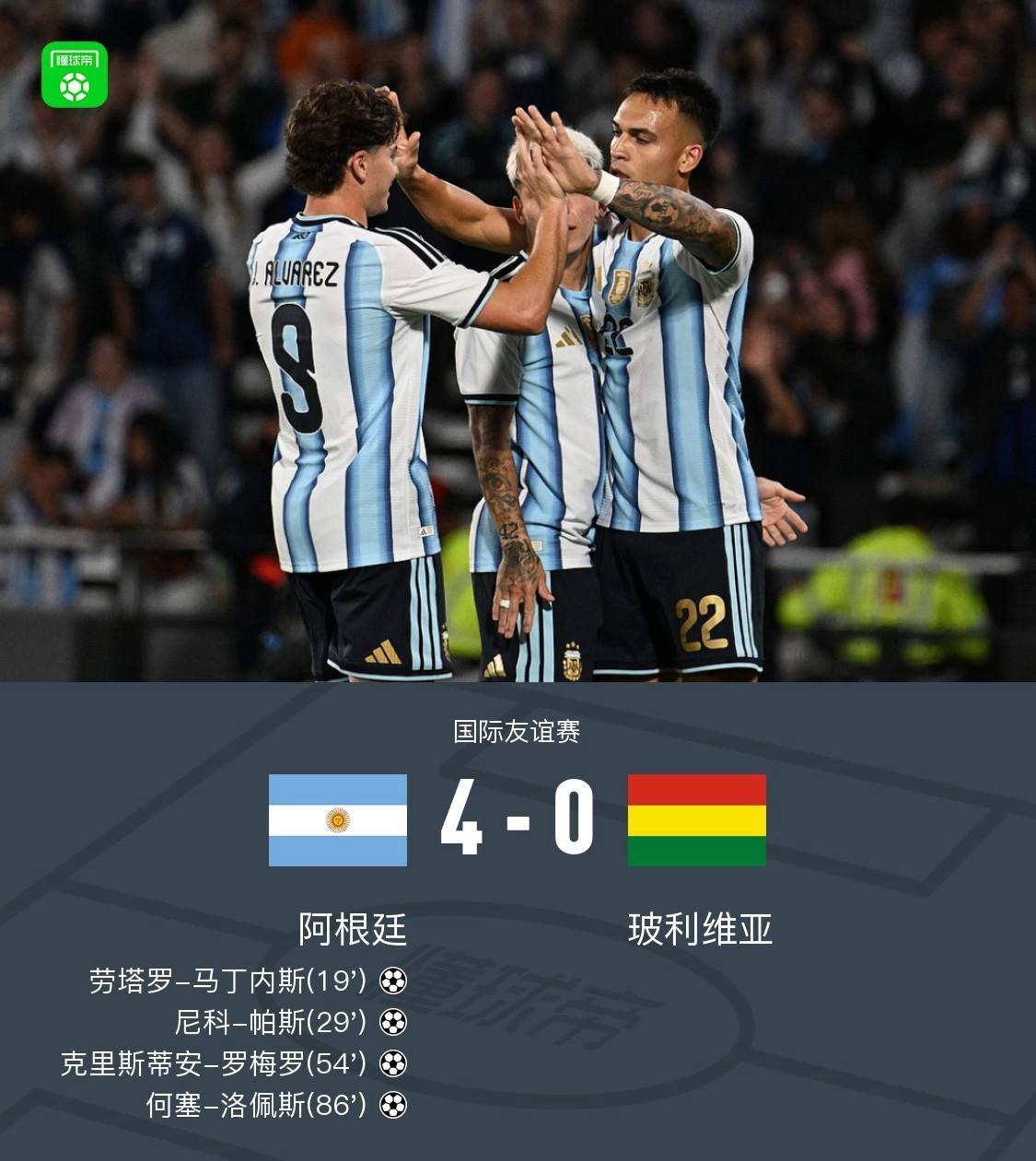 进阶！友谊赛阿根廷4：0大胜玻利维亚，国际米兰队长劳塔罗首发出战并首开记录。此战