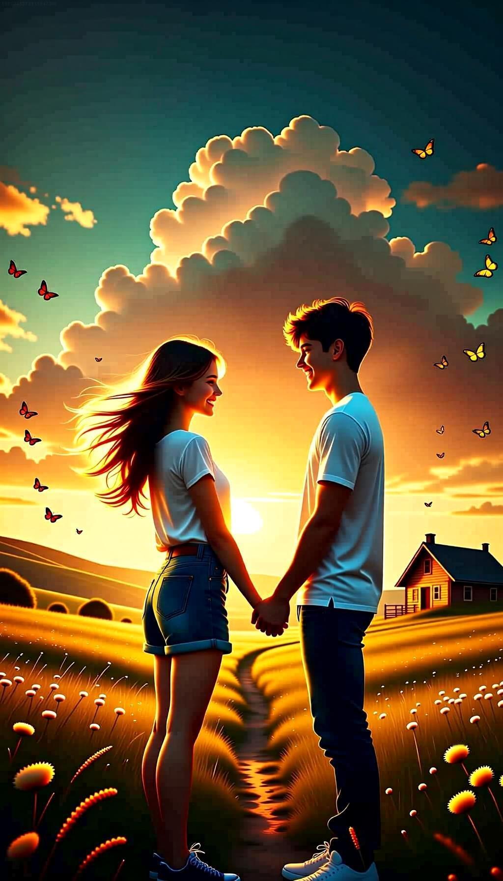 两个好朋友，手牵手站在夕阳下的金色草原上，微笑着彼此凝望。背景是一片广阔的天空，