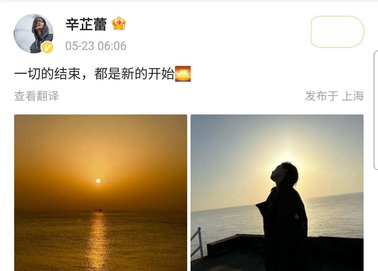  女明星辛芷蕾一大早就晒了张日落照片，说一切都结束了。
网友猜测是她和翟天临分手