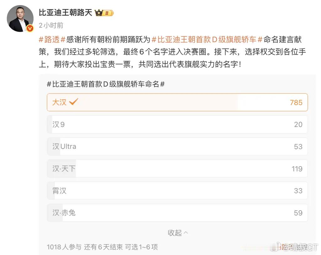 比亚迪王朝首款D级旗舰轿车征名6个名字进入决赛圈。大家觉得哪个更适合？距离投票结