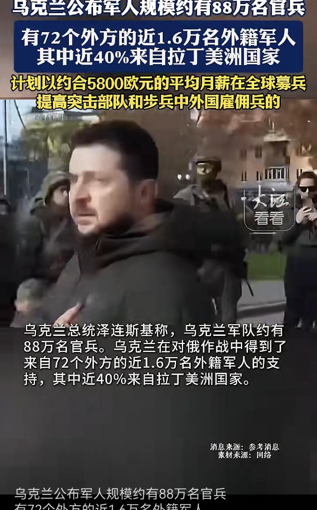 战前，乌克兰只有近二十万军队。经过俄罗斯对乌克兰去军事化，目前有88万军队。俄罗