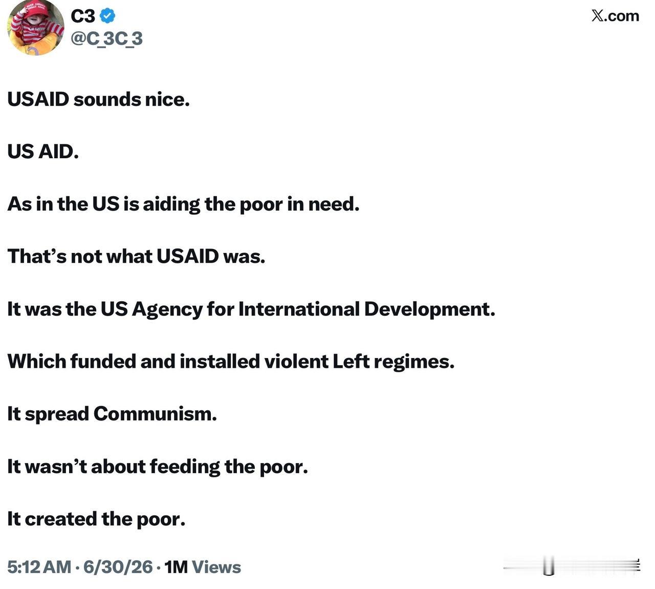 USAID听着名头挺好。
 
美国援助。
听上去像是美国在帮扶有困难的穷苦民众。