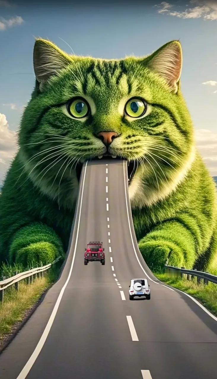 “绿猫公路奇遇记，萌趣横生！”🐱🚗🌳#可爱猫隧道# #好神奇的小猫# #萌