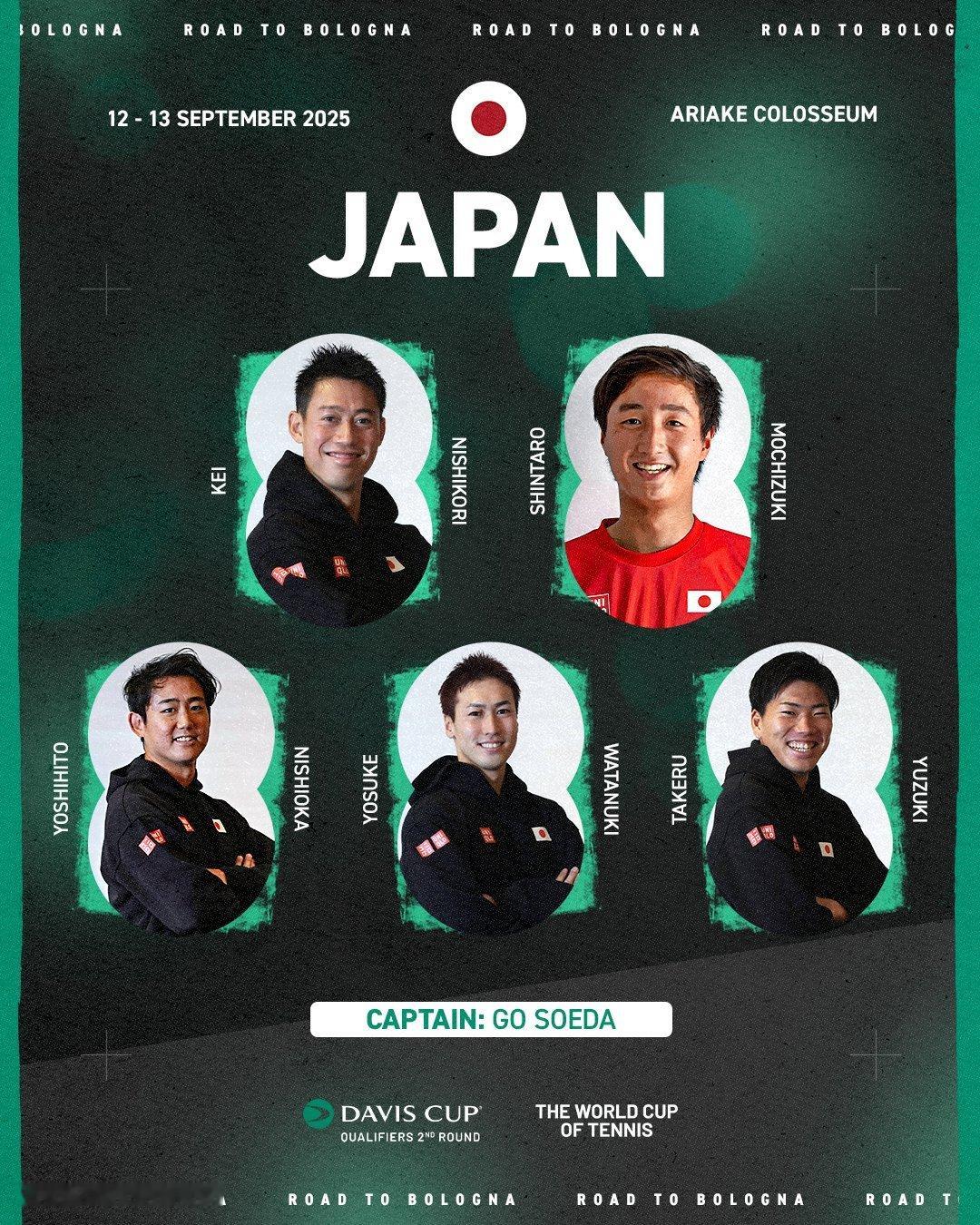 2025戴维斯杯 资格赛第二轮日本队阵容公布锦织圭望月慎太郎西冈良仁绵贯阳介柚木
