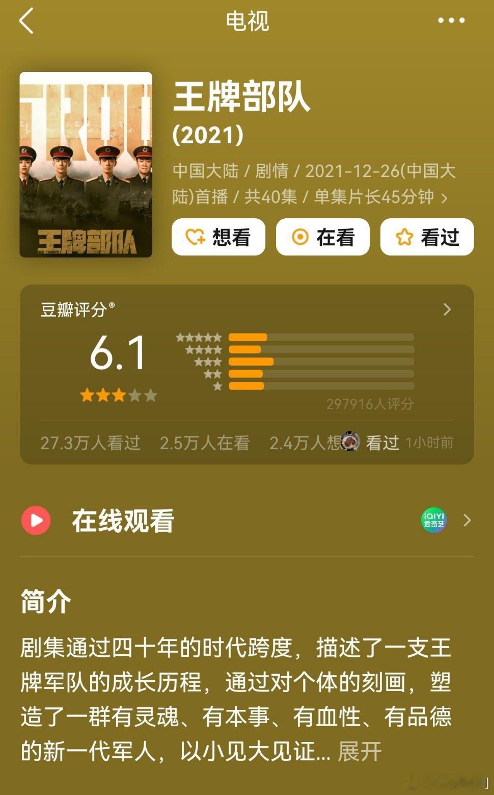 【二胖发布】王牌部队豆瓣开分6.1 由黄景瑜、肖战、钟楚曦主演的《王牌部队》豆瓣