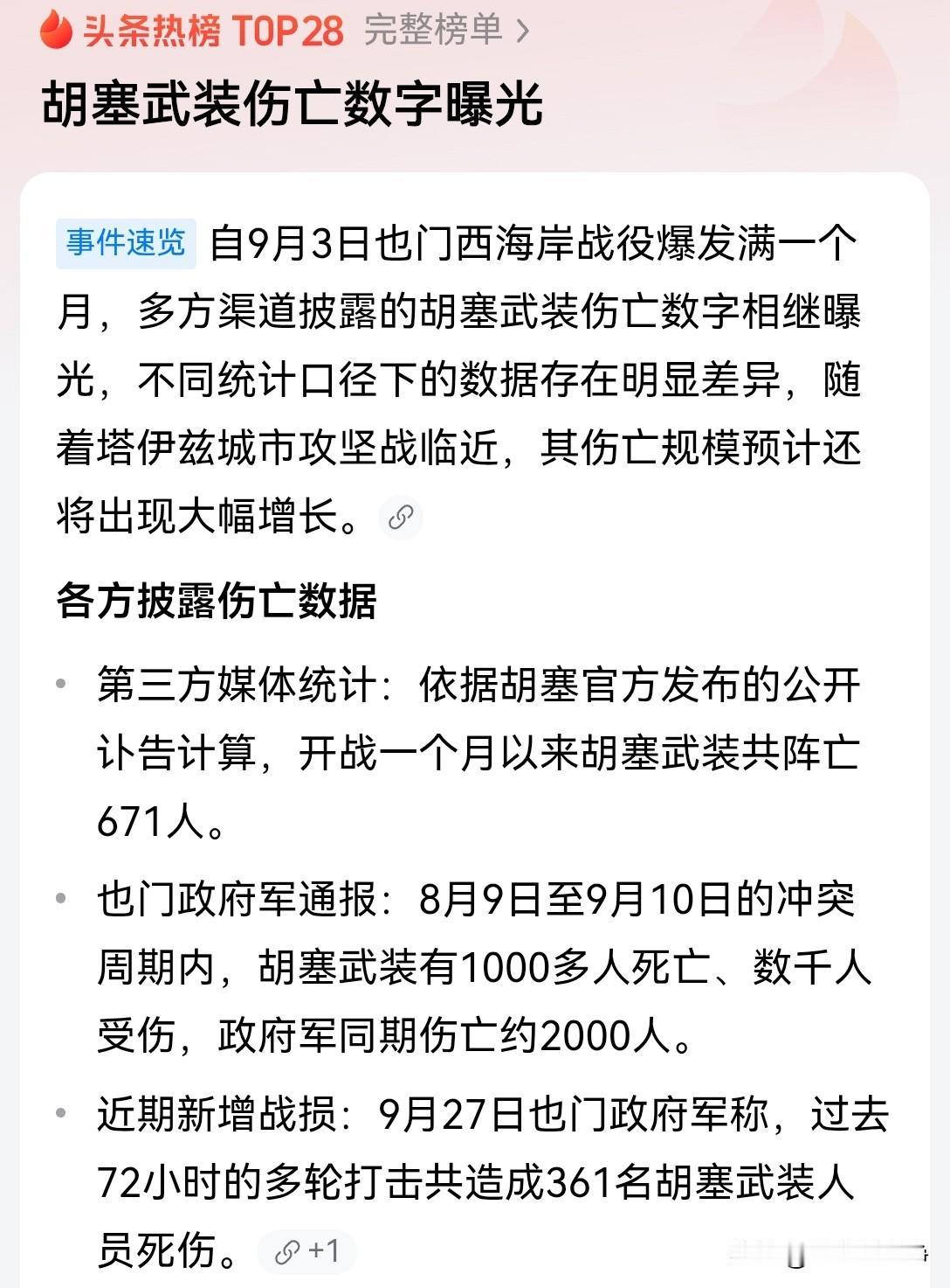 这点伤亡数字，胡塞武装还是撑得住的
9月3号是也门最新内战爆发满一个月的整日子