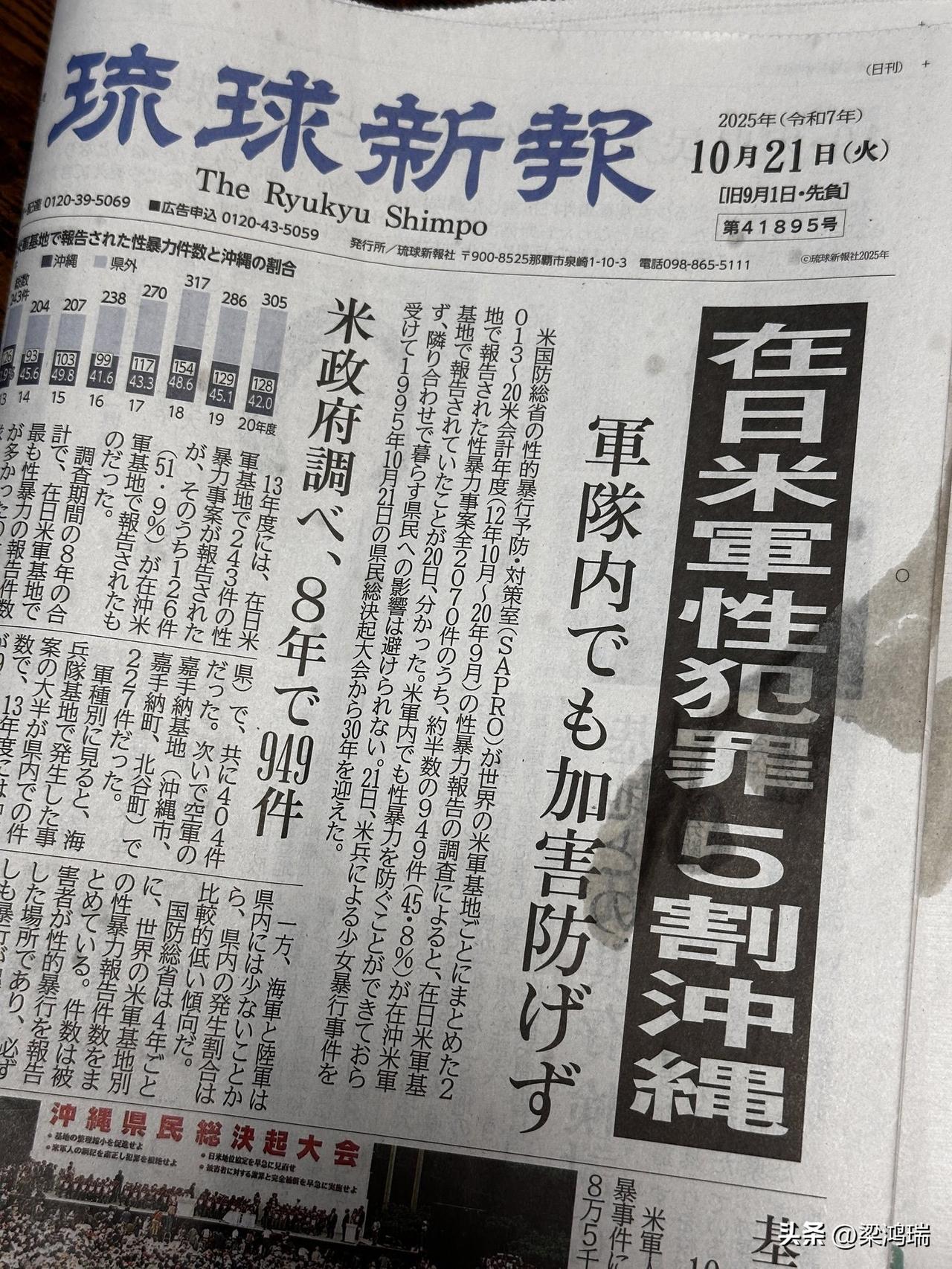 2025年10月21日的《琉球新报》刊登了一篇标题为“驻日美军性犯罪，50%发生