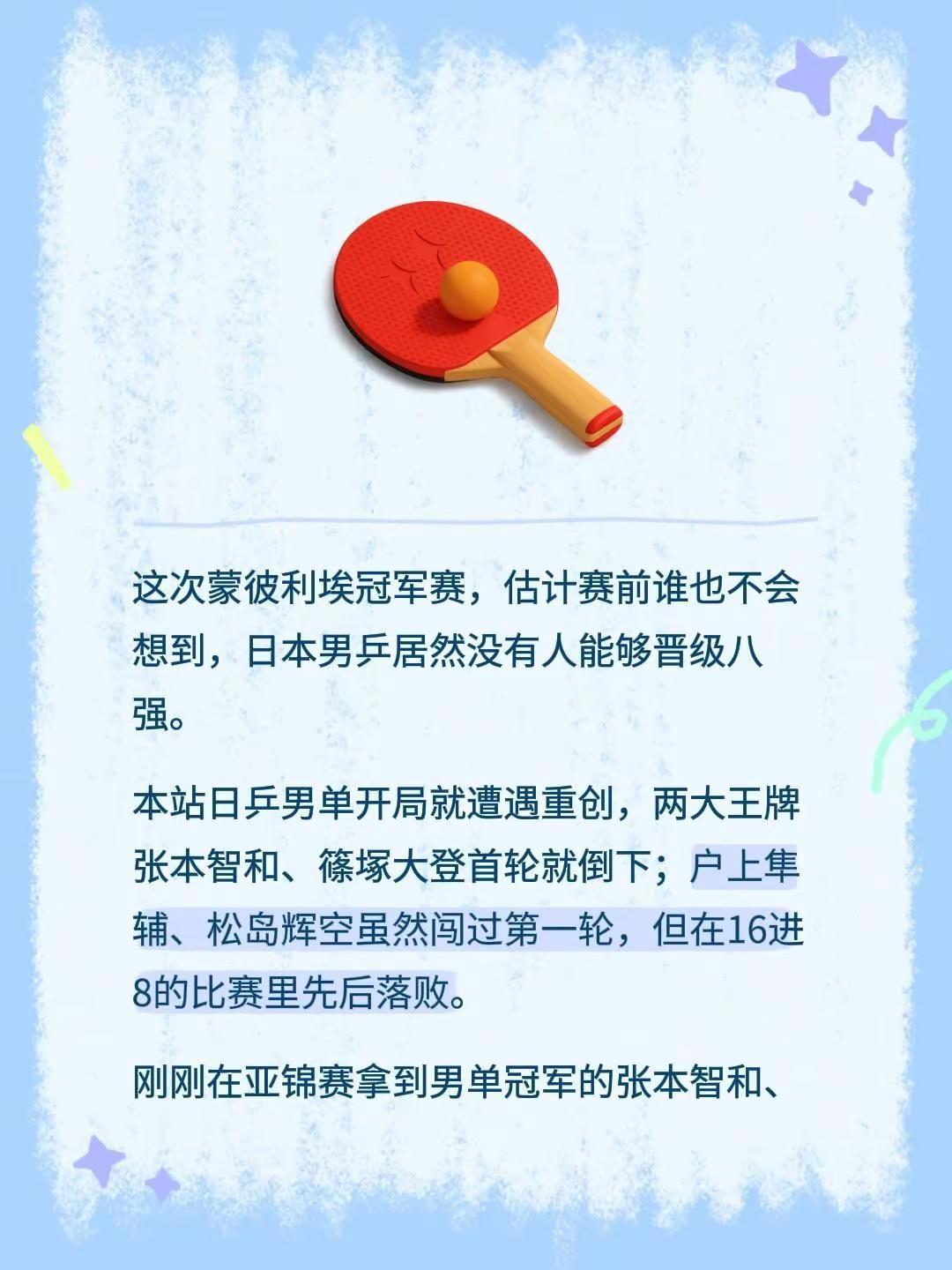 这次蒙彼利埃冠军赛，估计赛前谁也不会想到，日本男乒居然没有人能够晋级八强。本站日