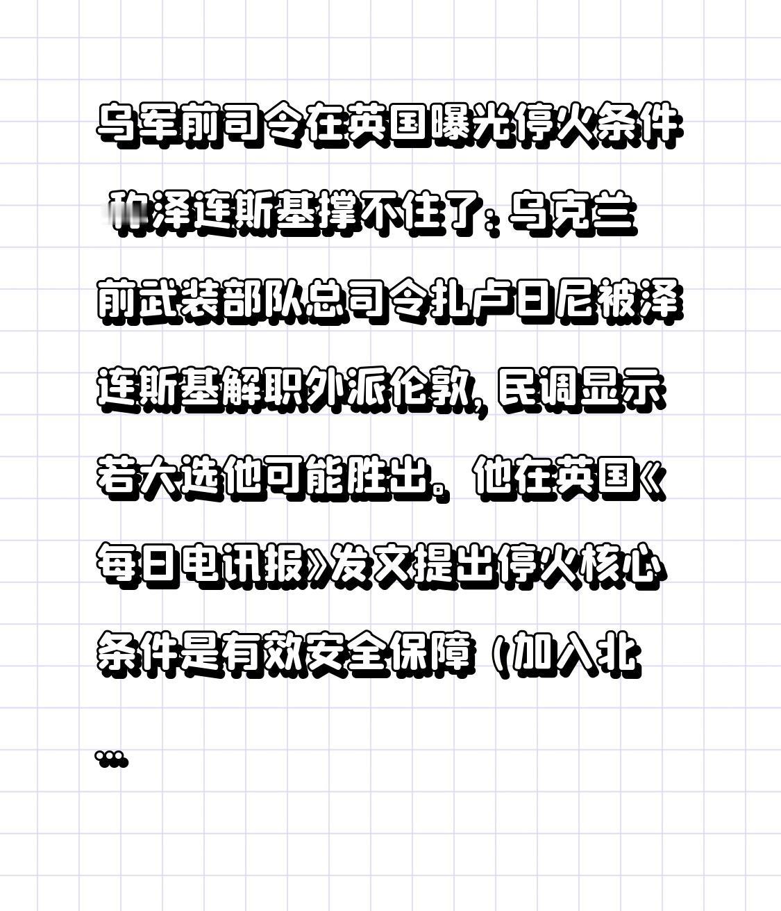 乌军前司令在英国曝光停火条件 称泽连斯基撑不住了：乌克兰前武装部队总司令扎卢日尼