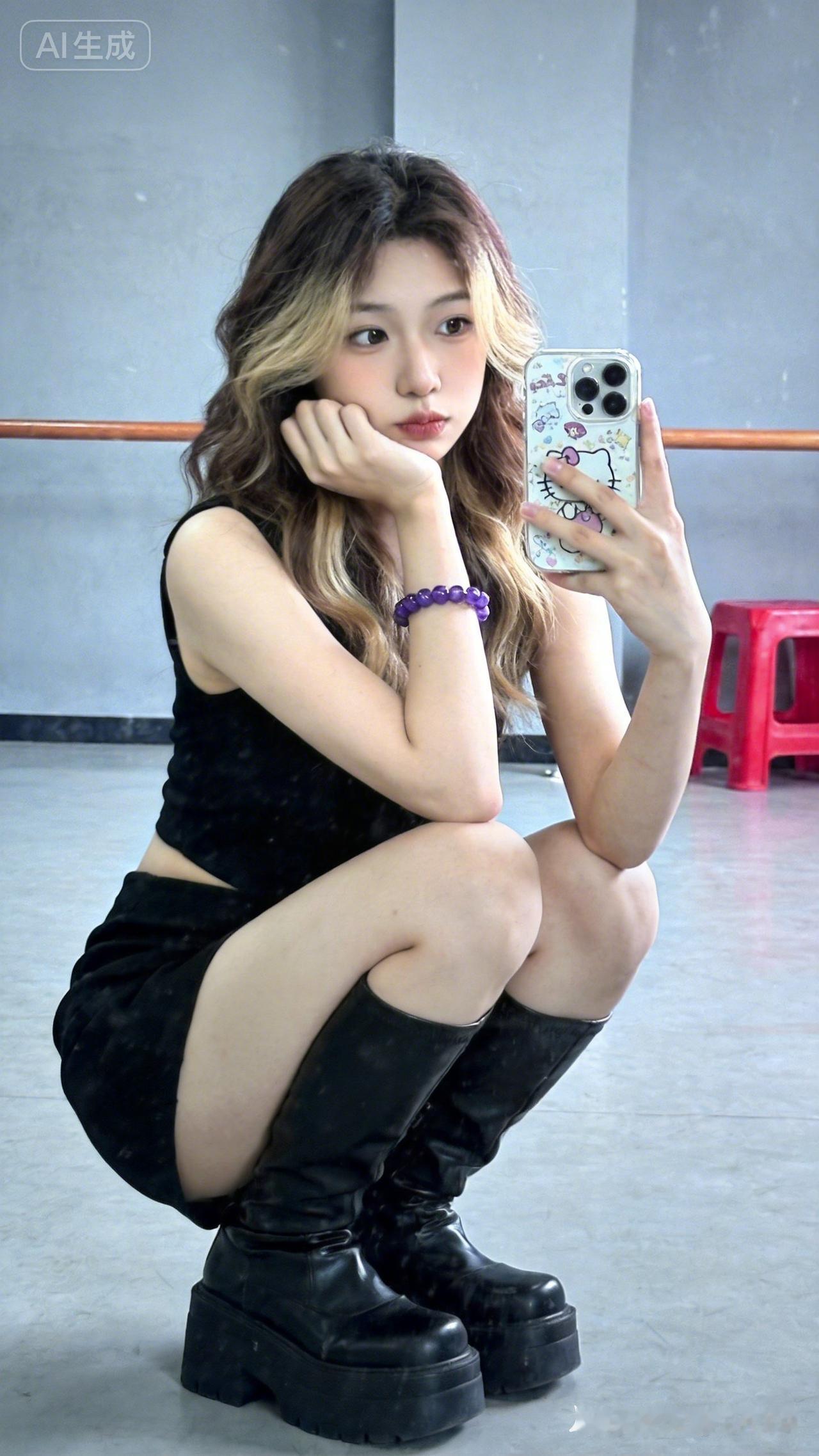 小巧精致的中国年轻女生，棕黄渐变长卷发，眼神灵动俏皮，蹲姿自拍，一手托腮一手持卡