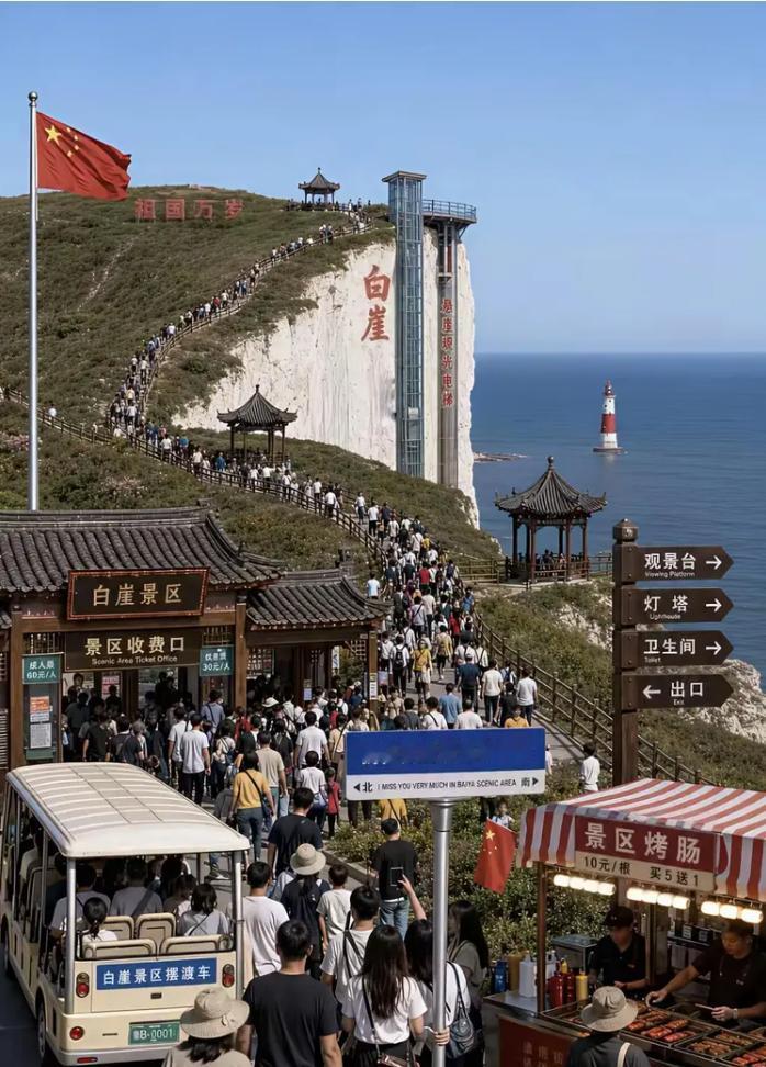 有网友问：“英国的白崖如果放在中国，会变成什么样？”
有好事的网友生成了一张AI