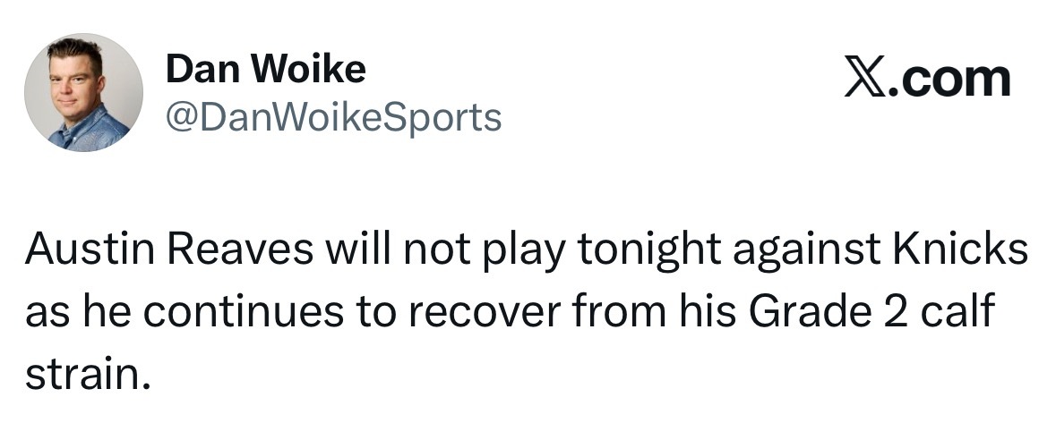 里夫斯继续缺席，继续休息。 