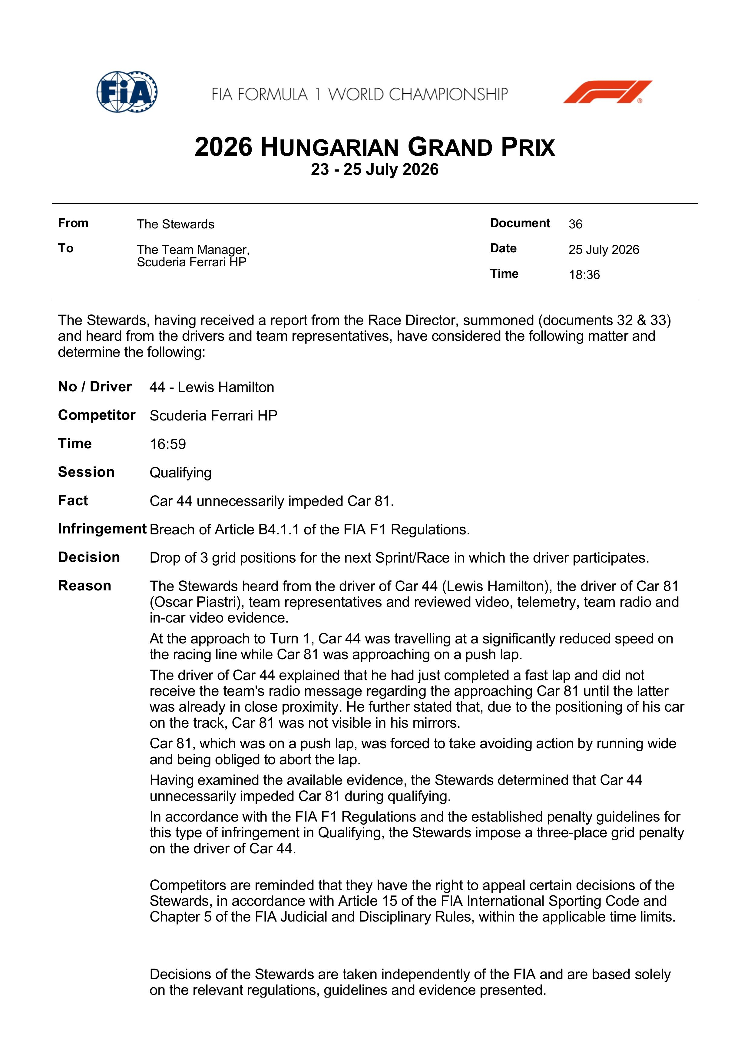 官方：汉密尔顿因阻挡皮亚斯特里被罚退3位F12026F1匈牙利大奖赛