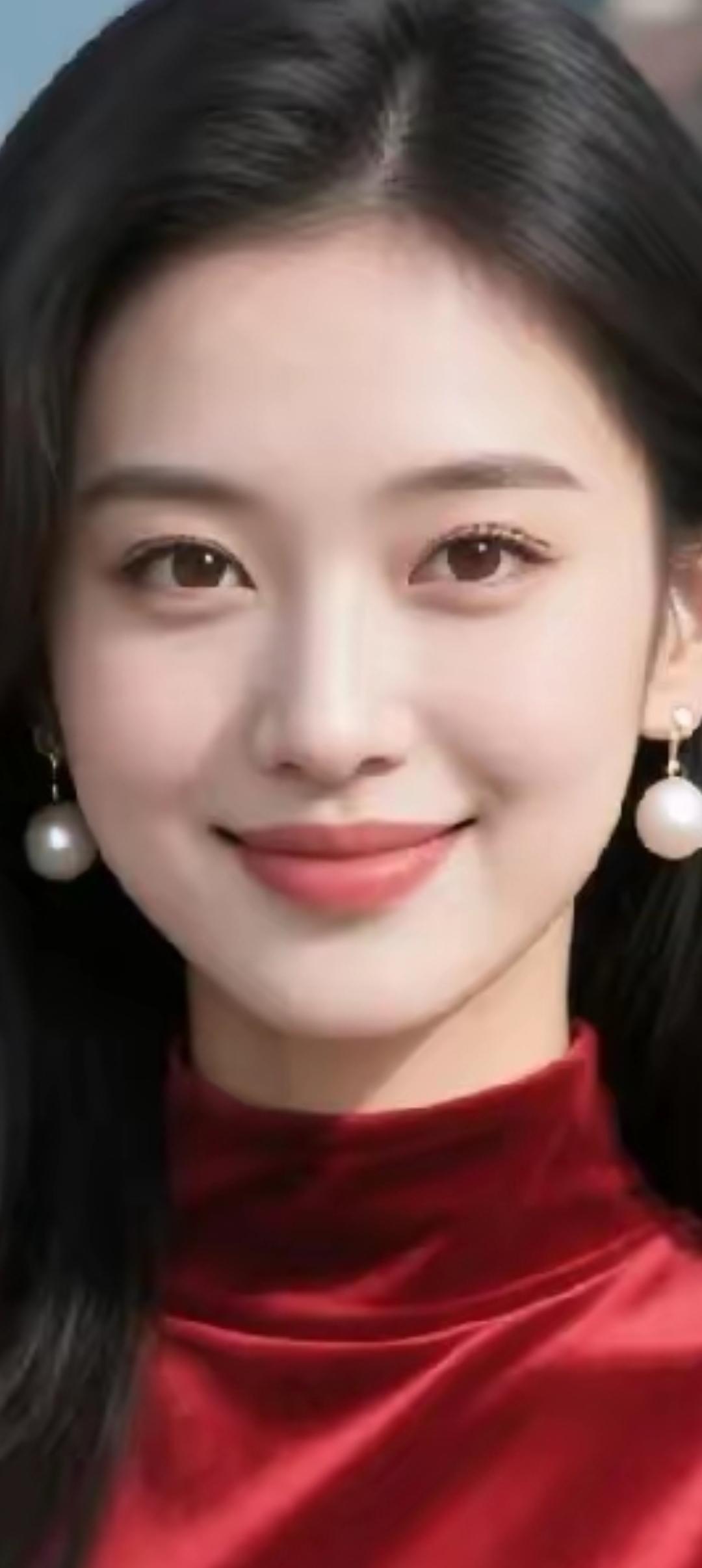 优雅红衣，珍珠耳坠，甜美笑容，气质动人！
