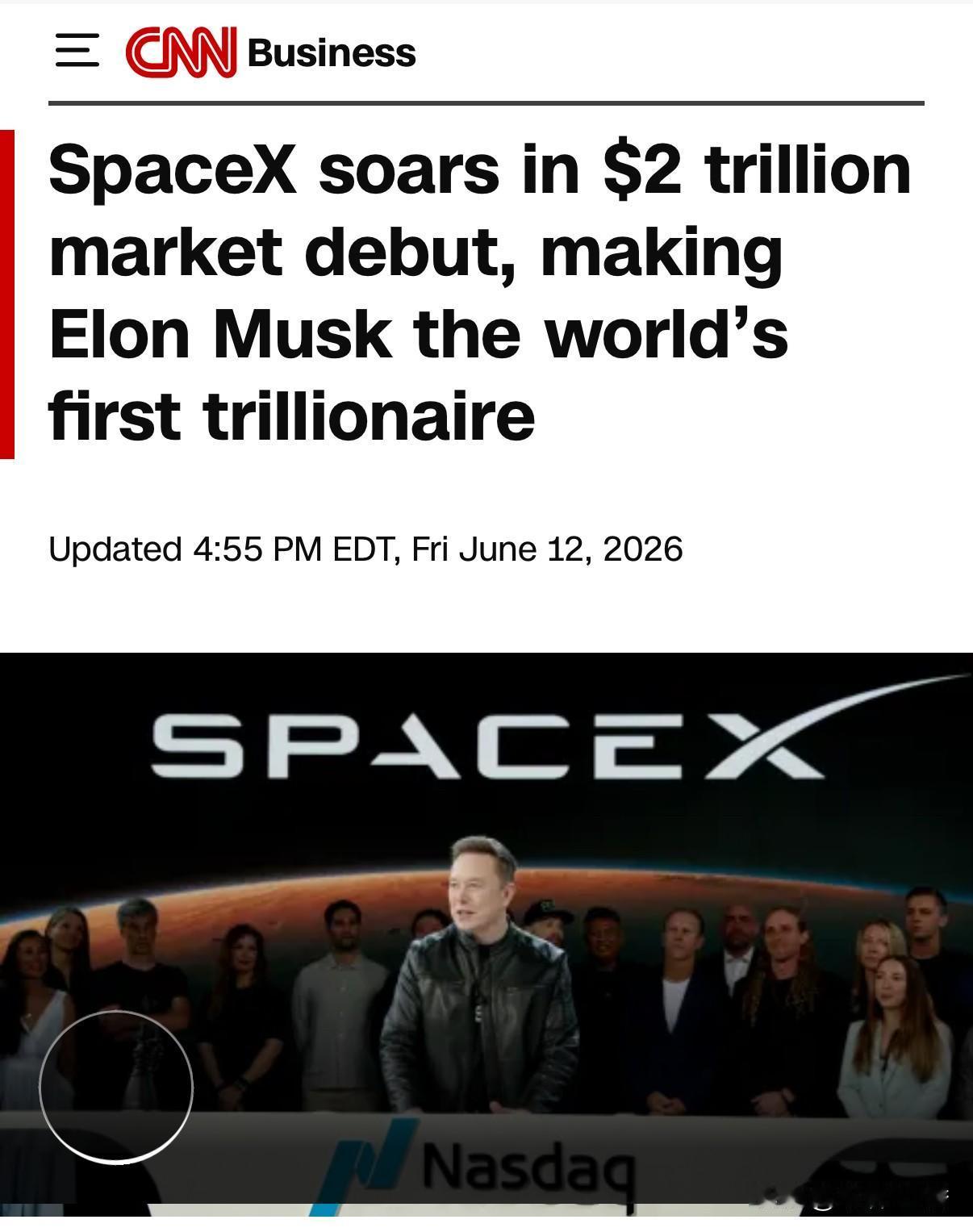 马斯克创造了历史哦！
   市值二万亿美元的SpaceX首次在资本市场亮相中实现
